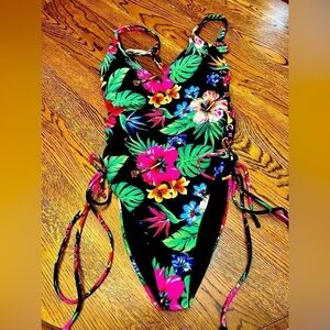 Revamped Floral Side Lace-up One Piece Swim Suit Mermaidcore Whimsygoth Floral